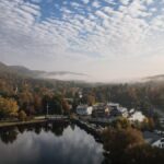 Fall foliage over North Hatley village and Lake Massawippi in the Eastern Townships, Quebec