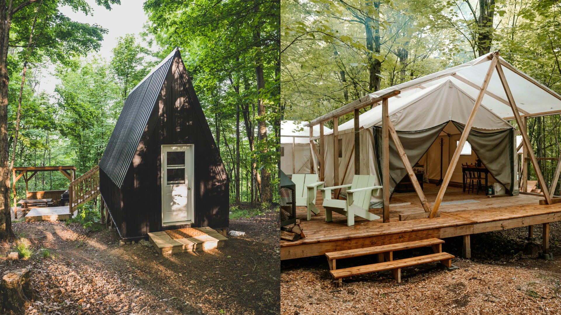 Mini chalet et tente safari en forêt chez Station Chêne Rouge, North Hatley